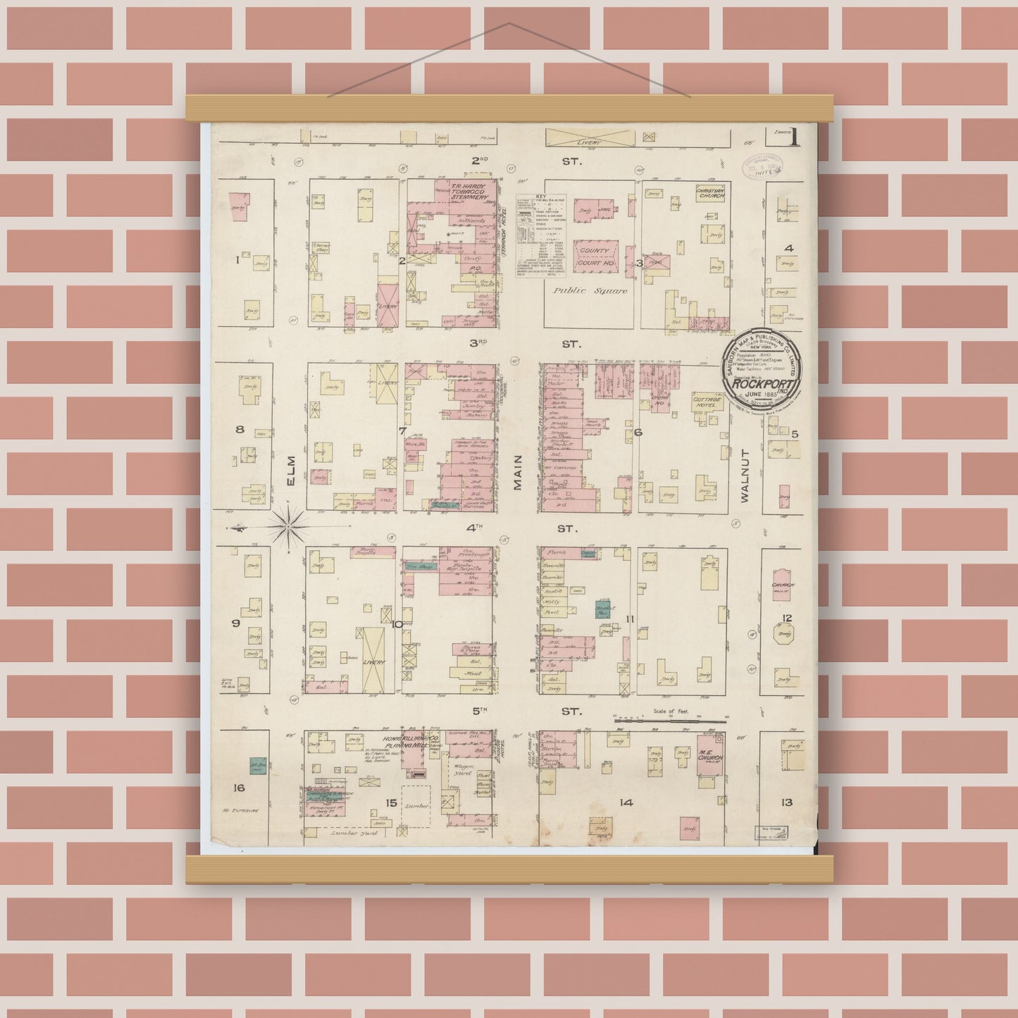 Old map wall art mockup — magnetic wood frame on brick wall — Sanborn Fire Insurance Map from Rockport, Spencer County, Indiana (1885) - Complete Map Set