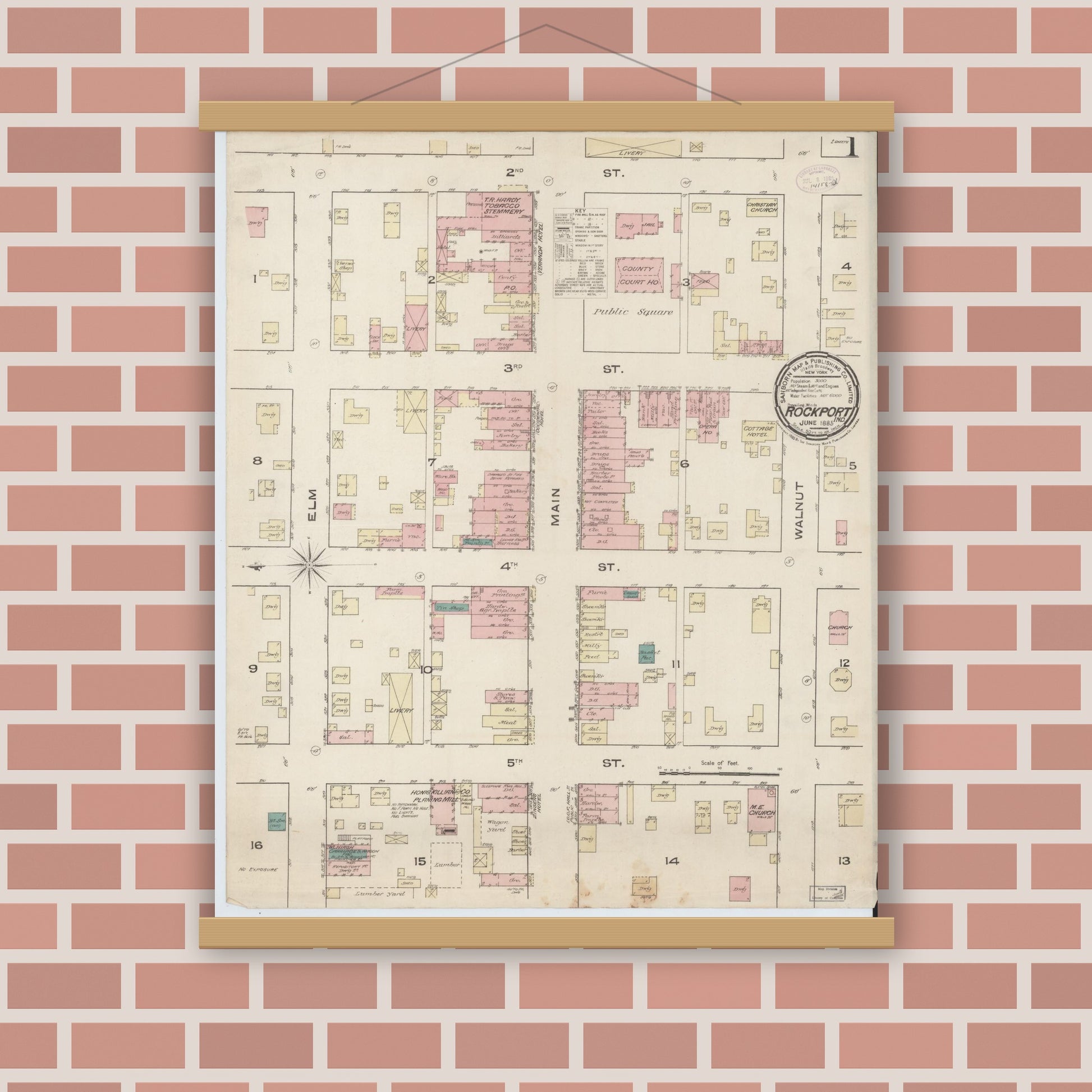 Old map wall art mockup — magnetic wood frame on brick wall — Sanborn Fire Insurance Map from Rockport, Spencer County, Indiana (1885) - Complete Map Set