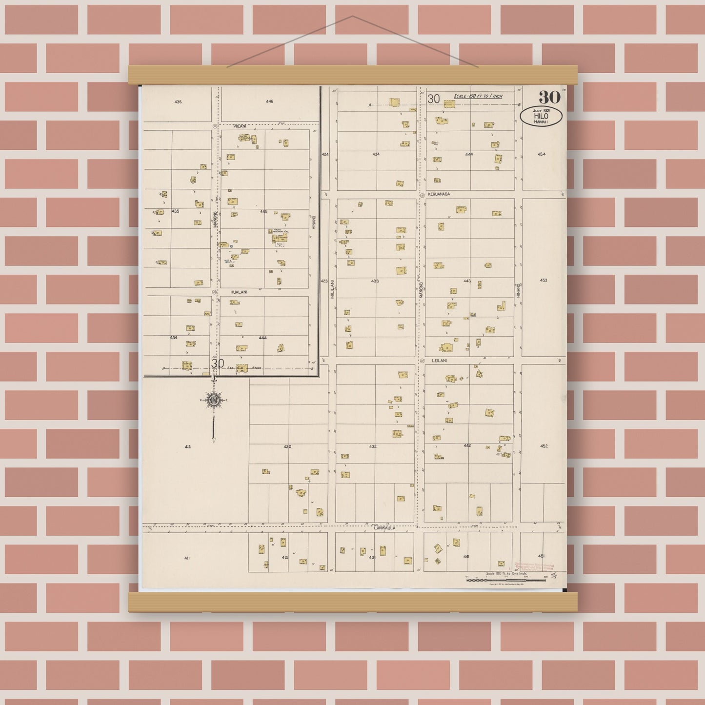 Old map wall art mockup — magnetic wood frame on brick wall — Sanborn Fire Insurance Map from Hilo, Hawaii County, Hawaii (1921), Sheet #0030