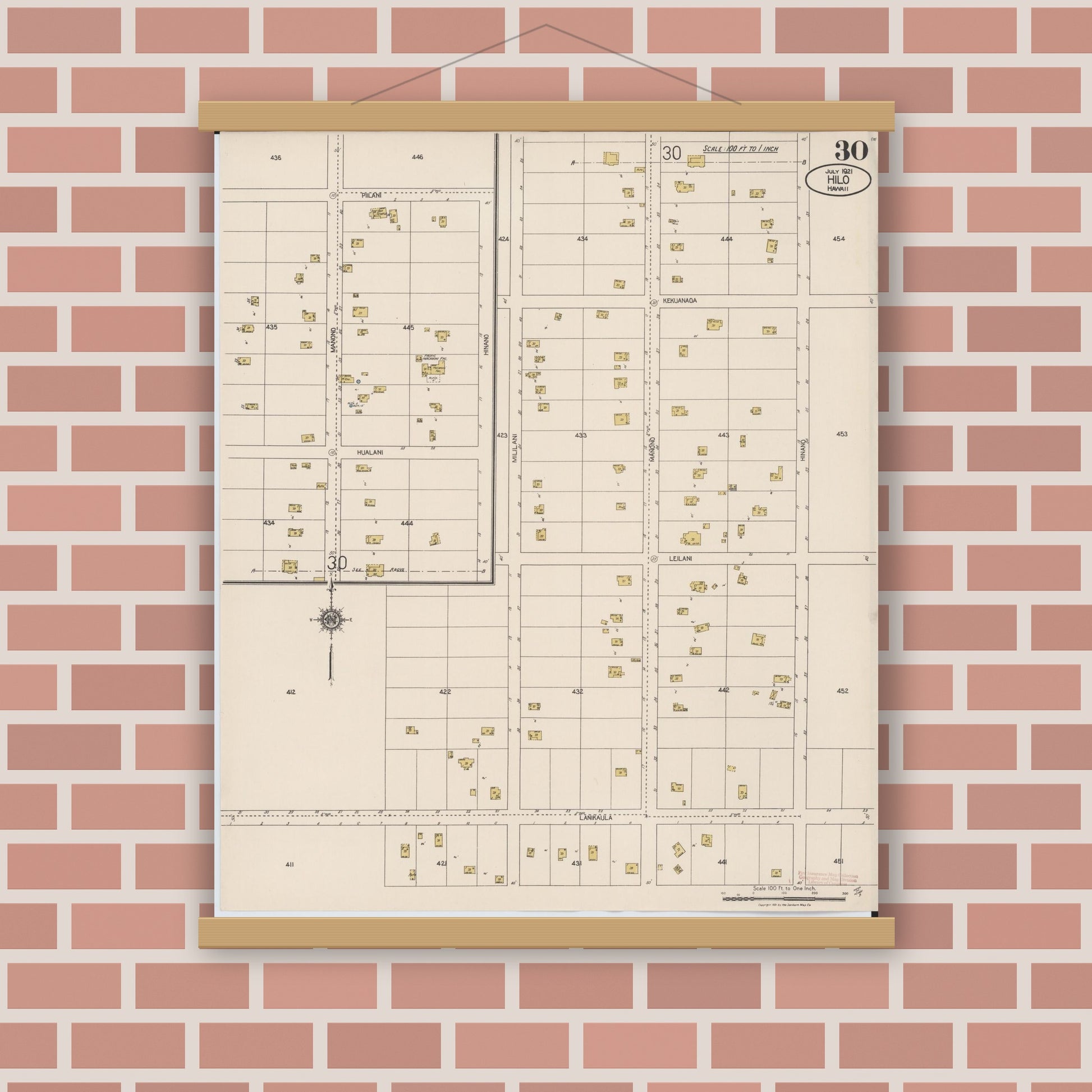 Old map wall art mockup — magnetic wood frame on brick wall — Sanborn Fire Insurance Map from Hilo, Hawaii County, Hawaii (1921), Sheet #0030