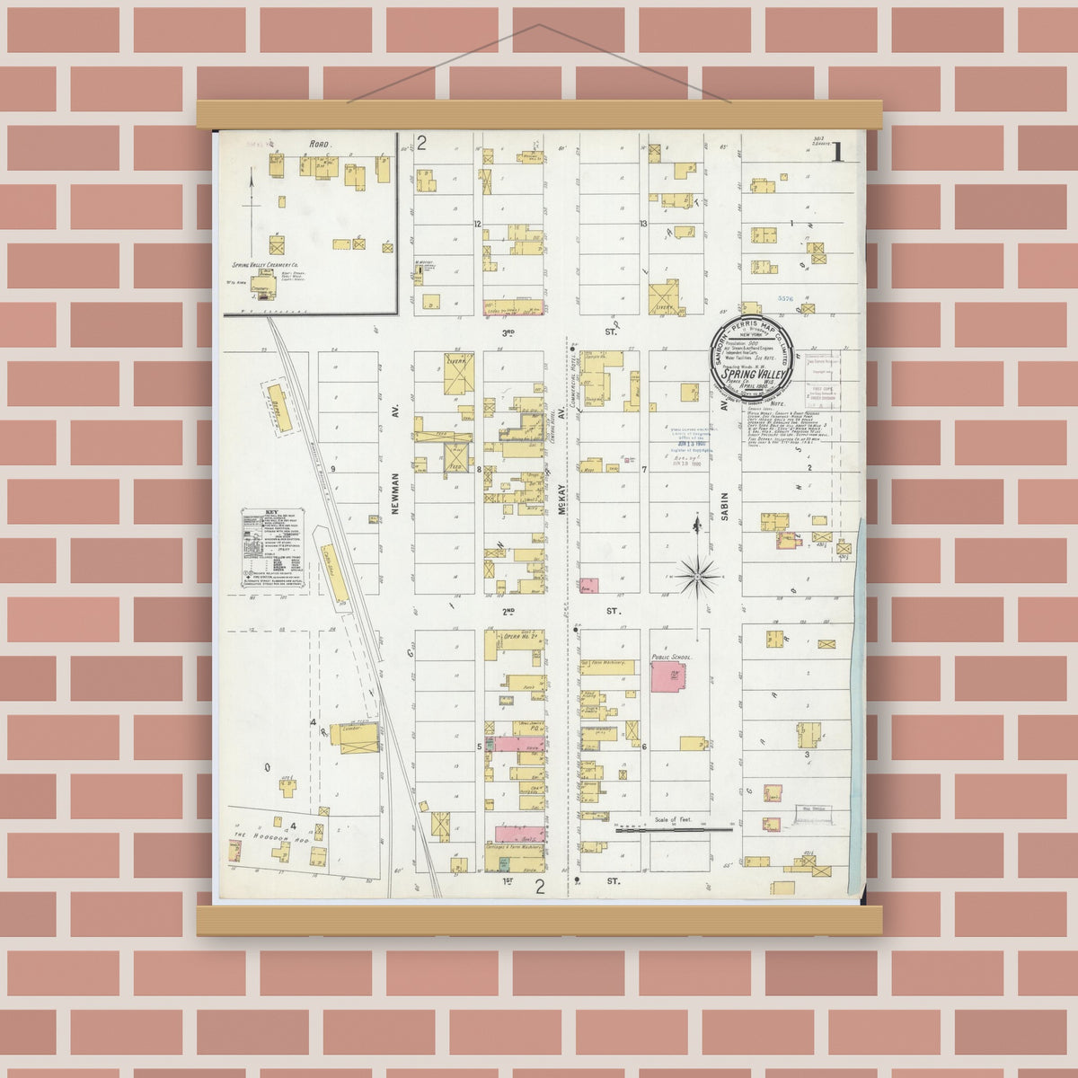 Old map wall art mockup — magnetic wood frame on brick wall — Sanborn Fire Insurance Map from Spring Valley, Pierce County, Wisconsin (1900), Sheet #0001