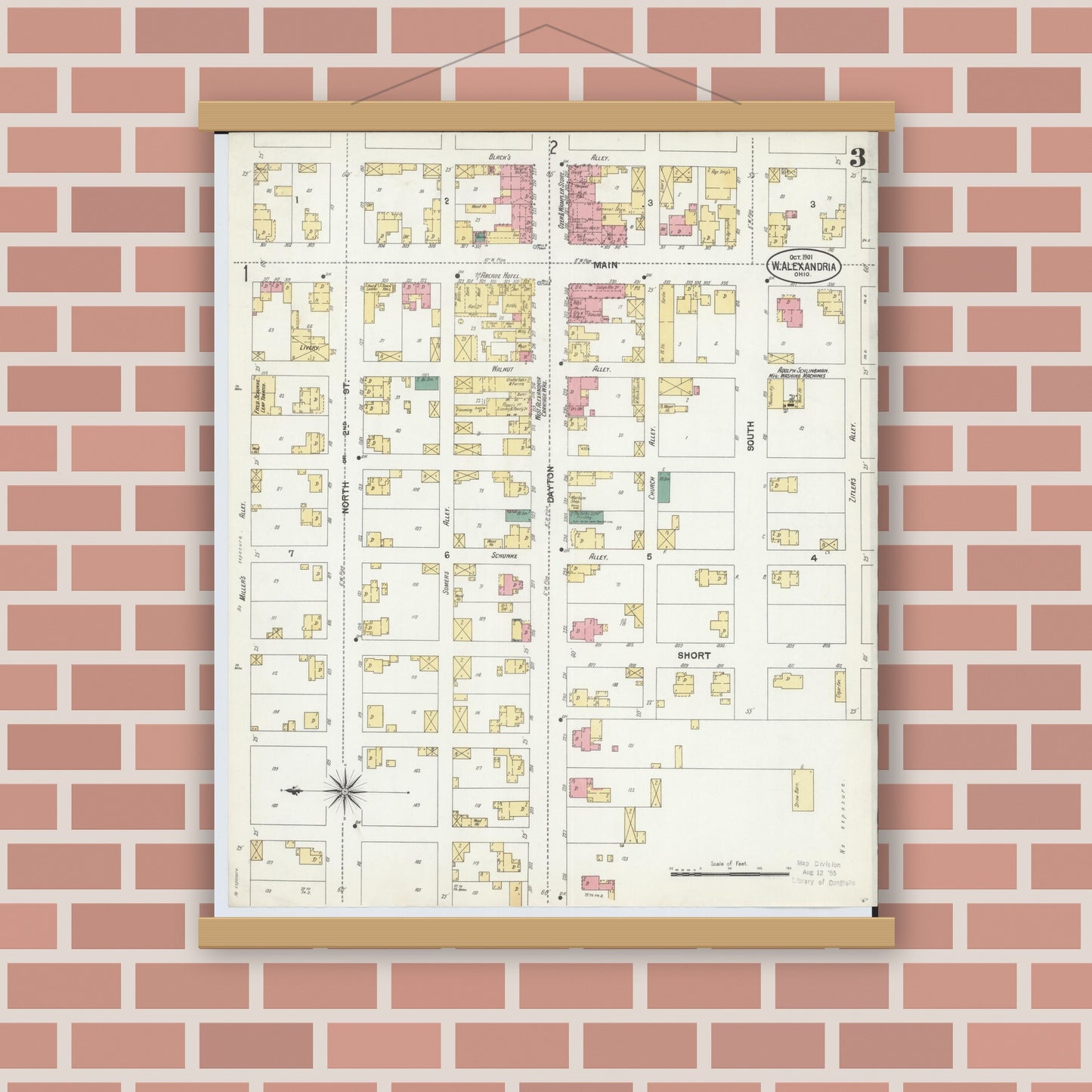 Old map wall art mockup — magnetic wood frame on brick wall — Sanborn Fire Insurance Map from West Alexandria, Preble County, Ohio (1901), Sheet #0003