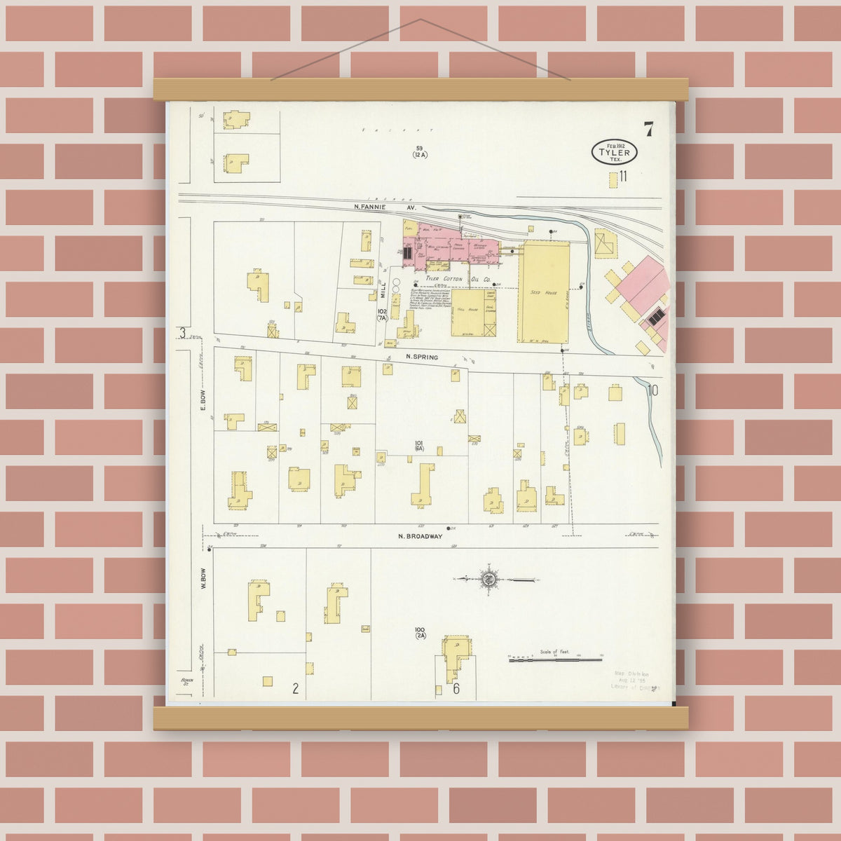 Old map wall art mockup — magnetic wood frame on brick wall — Sanborn Fire Insurance Map from Tyler, Smith County, Texas (1912), Sheet #0007