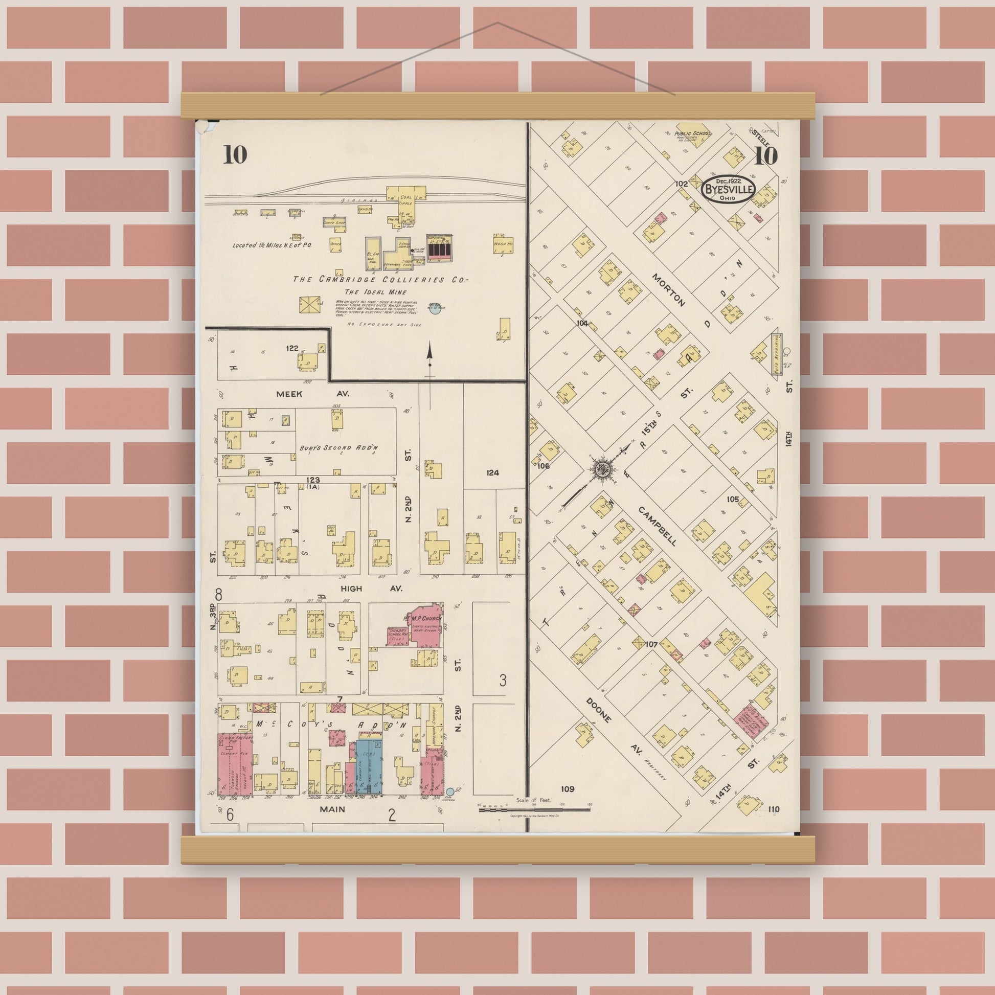Old map wall art mockup — magnetic wood frame on brick wall — Sanborn Fire Insurance Map from Byesville, Guernsey County, Ohio (1922), Sheet #0010