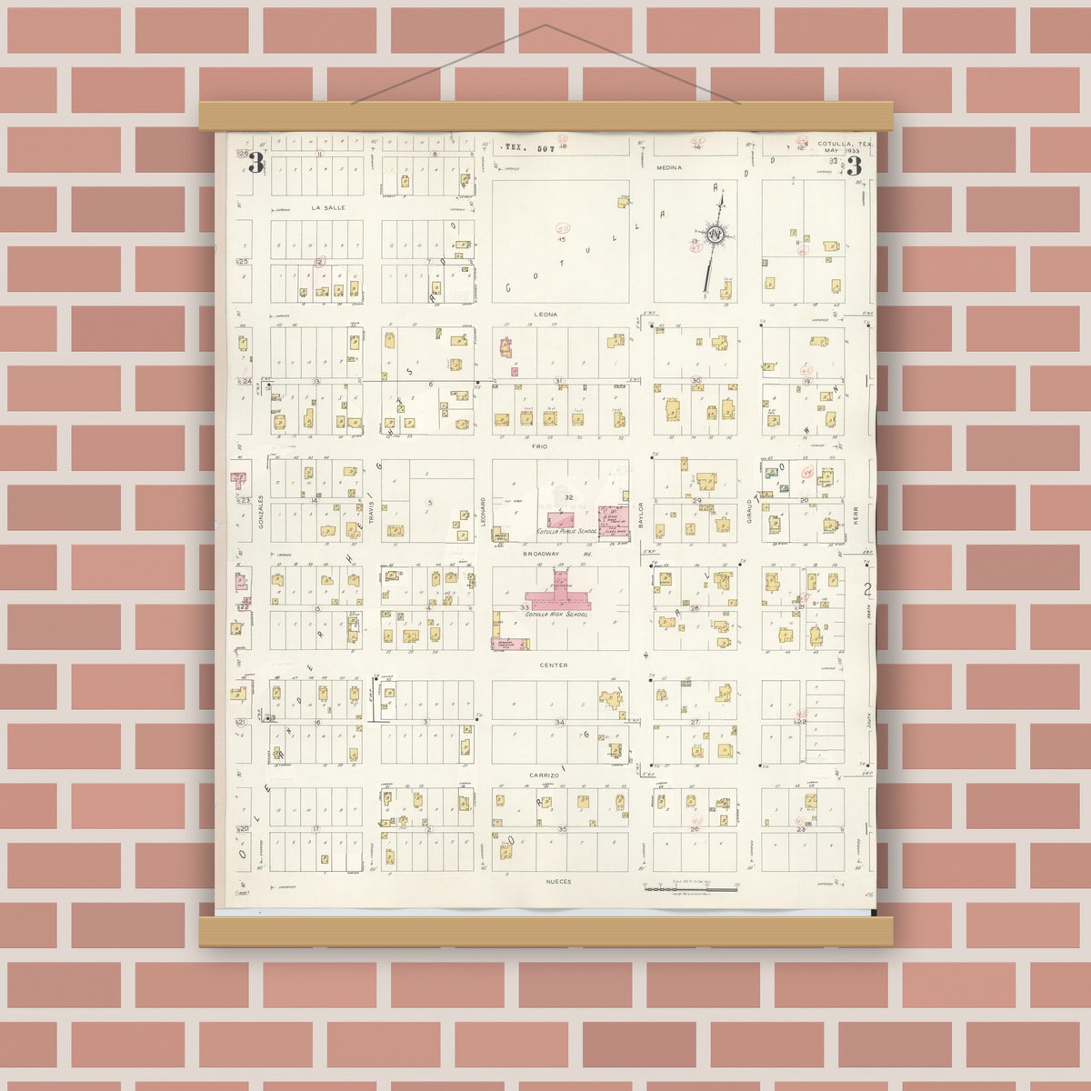 Old map wall art mockup — magnetic wood frame on brick wall — Sanborn Fire Insurance Map from Cotulla, La Salle County, Texas (1948), Sheet #0003