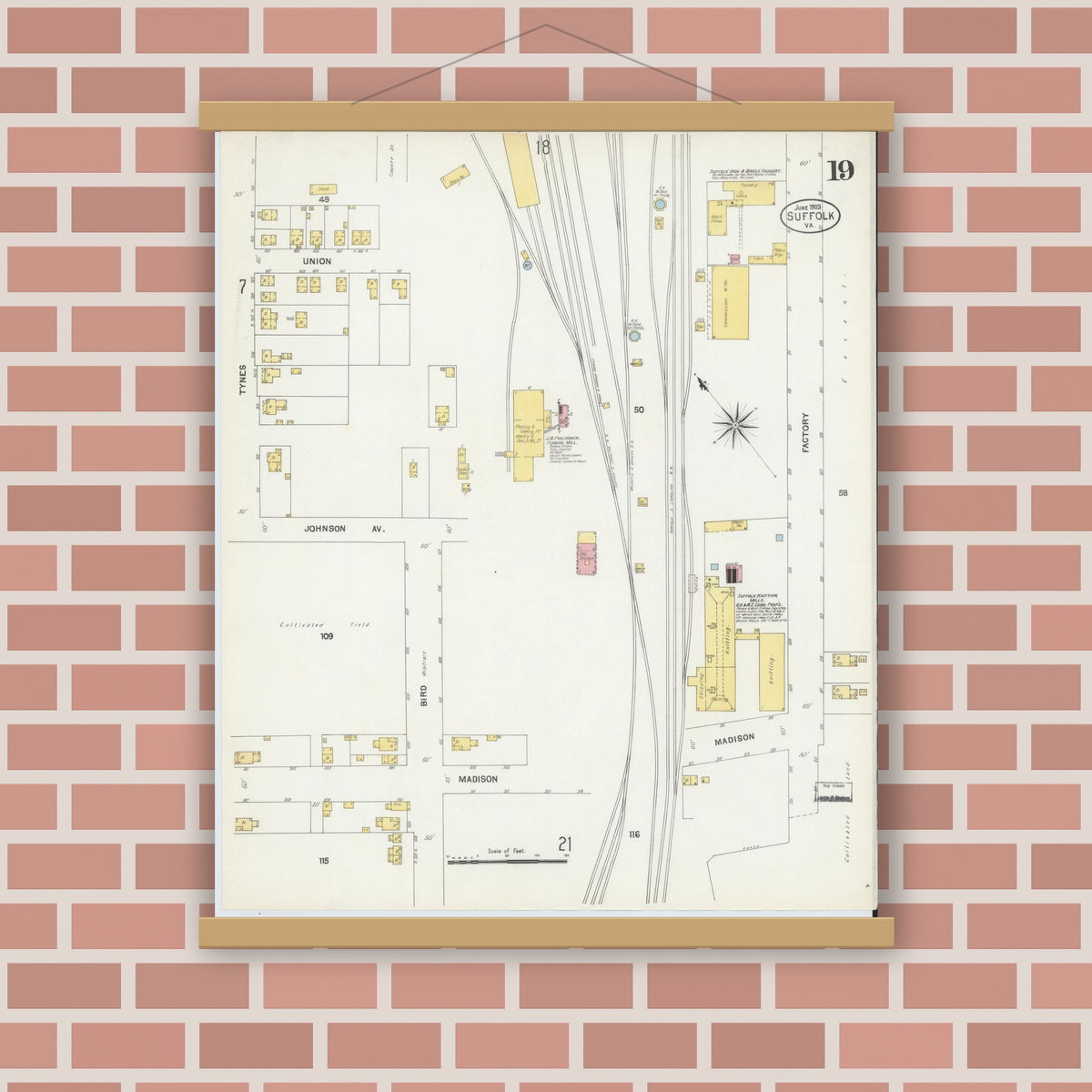 Old map wall art mockup — magnetic wood frame on brick wall — Sanborn Fire Insurance Map from Suffolk, Independent Cities, Virginia (1903), Sheet #0019