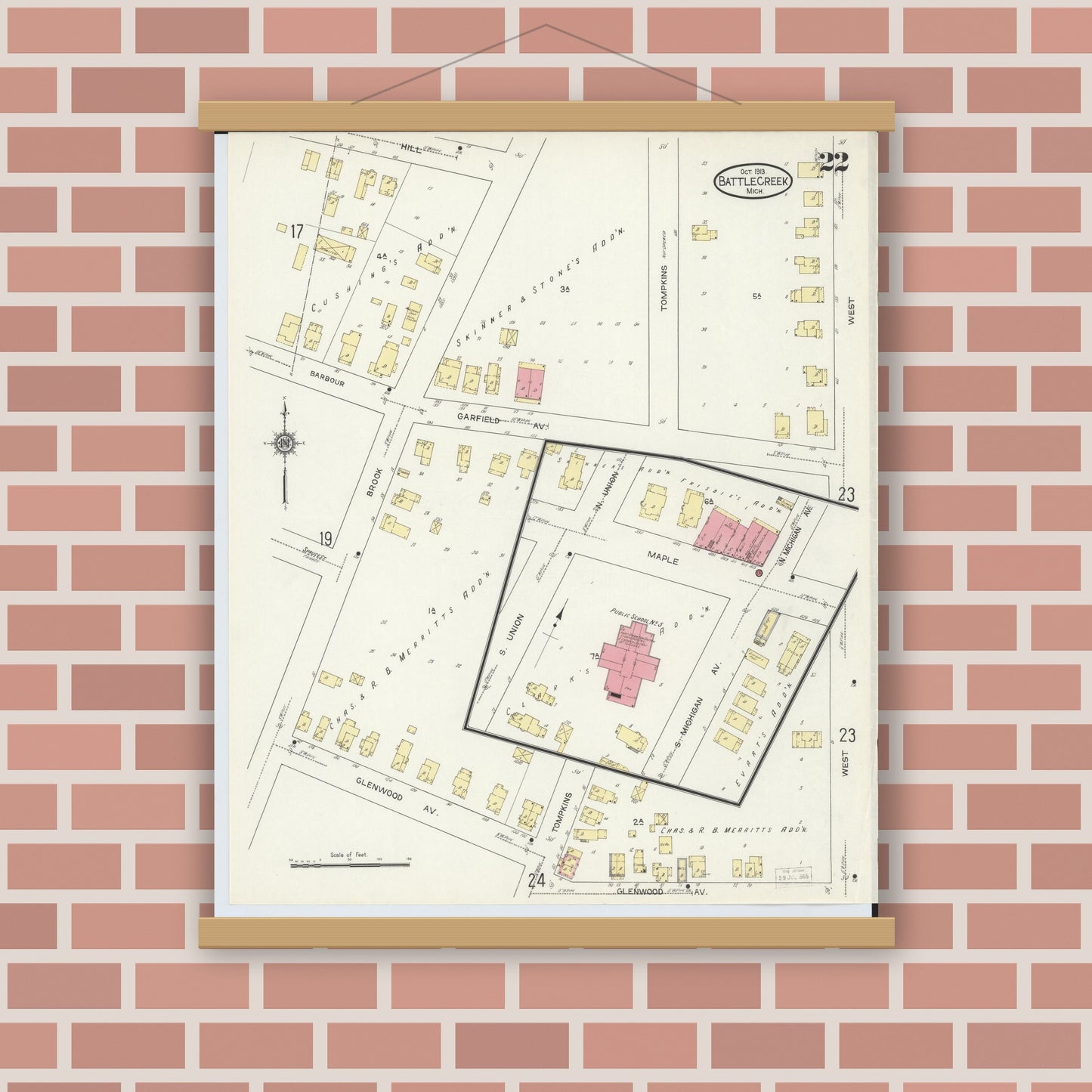 Old map wall art mockup — magnetic wood frame on brick wall — Sanborn Fire Insurance Map from Battle Creek, Calhoun County, Michigan (1913), Sheet #0022
