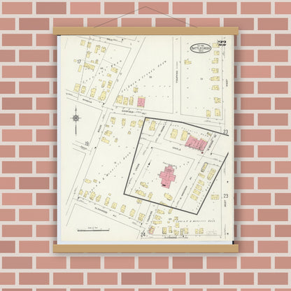 Old map wall art mockup — magnetic wood frame on brick wall — Sanborn Fire Insurance Map from Battle Creek, Calhoun County, Michigan (1913), Sheet #0022