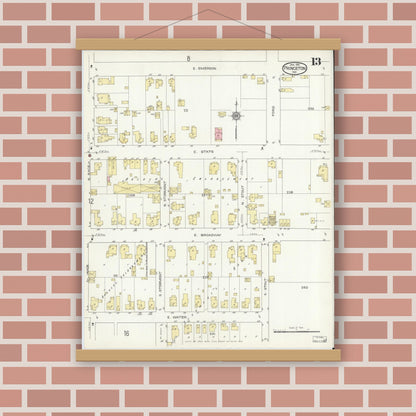 Old map wall art mockup — magnetic wood frame on brick wall — Sanborn Fire Insurance Map from Princeton, Gibson County, Indiana (1914), Sheet #0013