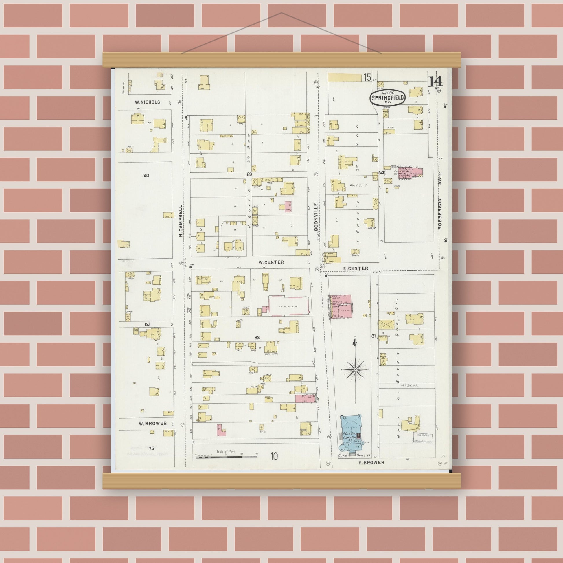 Old map wall art mockup — magnetic wood frame on brick wall — Sanborn Fire Insurance Map from Springfield, Greene County, Missouri (1896), Sheet #0014