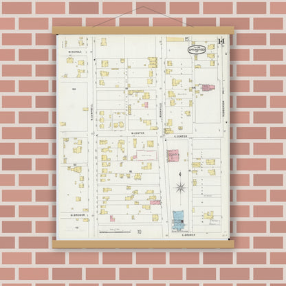 Old map wall art mockup — magnetic wood frame on brick wall — Sanborn Fire Insurance Map from Springfield, Greene County, Missouri (1896), Sheet #0014