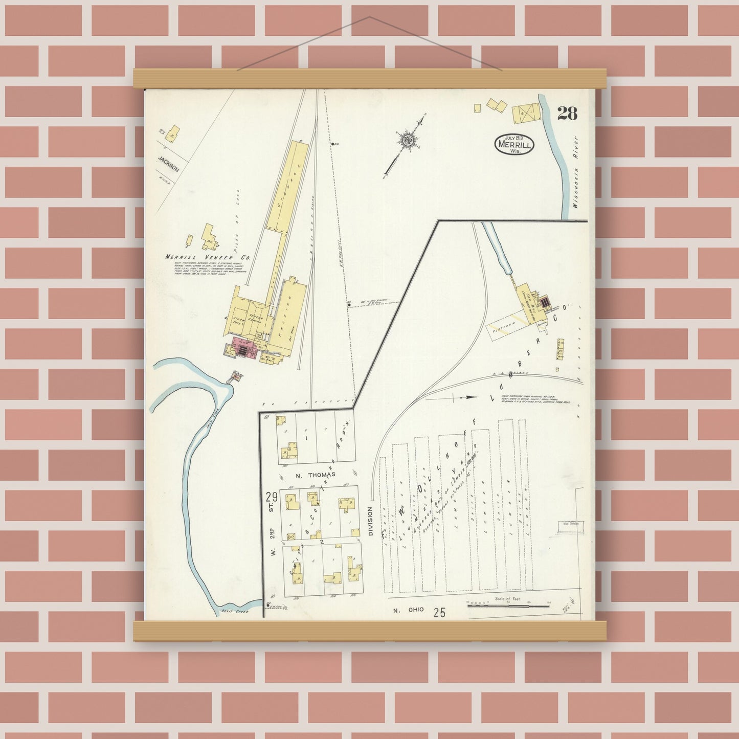 Old map wall art mockup — magnetic wood frame on brick wall — Sanborn Fire Insurance Map from Merrill, Lincoln County, Wisconsin (1913), Sheet #0028