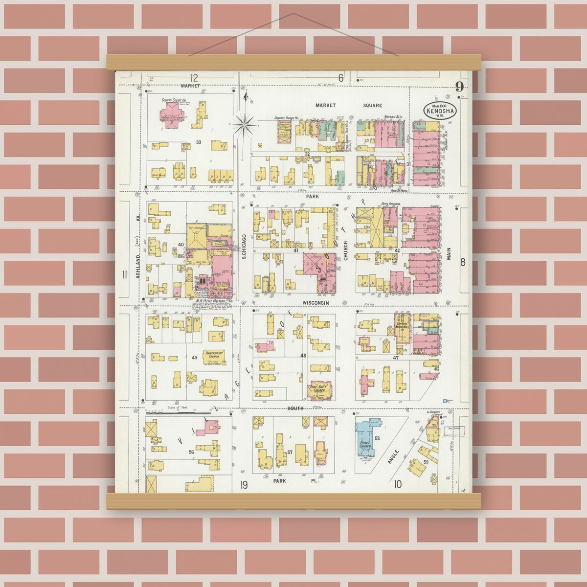 Old map wall art mockup — magnetic wood frame on brick wall — Sanborn Fire Insurance Map from Kenosha, Kenosha County, Wisconsin (1900), Sheet #0009