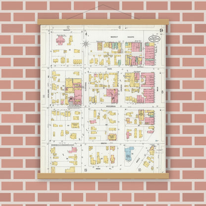 Old map wall art mockup — magnetic wood frame on brick wall — Sanborn Fire Insurance Map from Kenosha, Kenosha County, Wisconsin (1900), Sheet #0009