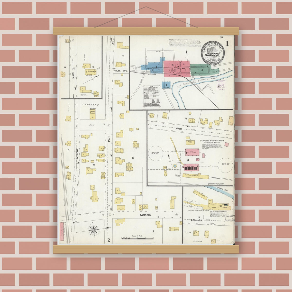 Old map wall art mockup — magnetic wood frame on brick wall — Sanborn Fire Insurance Map from Hancock, Delaware County, New York (1903), Sheet #0001
