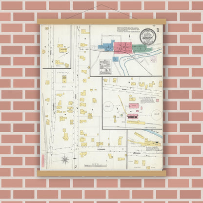 Old map wall art mockup — magnetic wood frame on brick wall — Sanborn Fire Insurance Map from Hancock, Delaware County, New York (1903), Sheet #0001