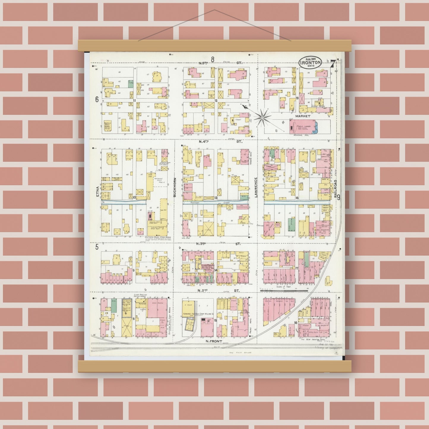 Old map wall art mockup — magnetic wood frame on brick wall — Sanborn Fire Insurance Map from Ironton, Lawrence County, Ohio (1904), Sheet #0007