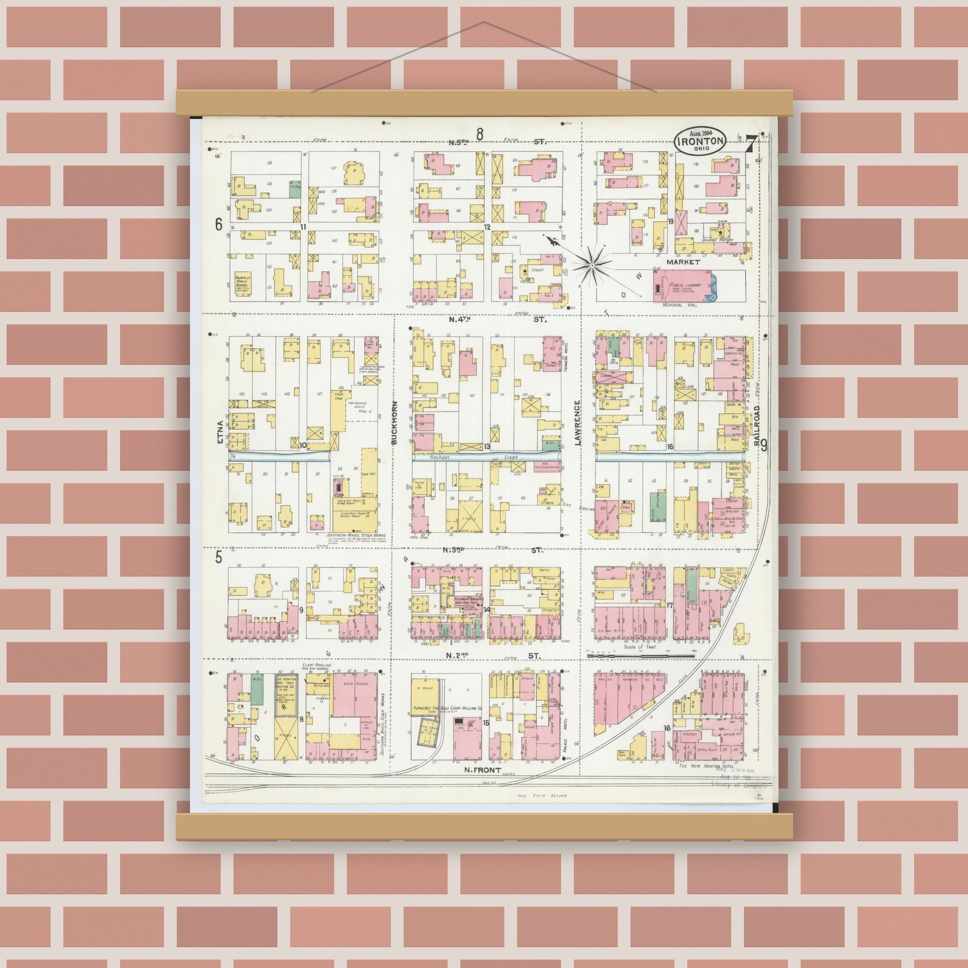 Old map wall art mockup — magnetic wood frame on brick wall — Sanborn Fire Insurance Map from Ironton, Lawrence County, Ohio (1904), Sheet #0007