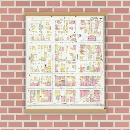Old map wall art mockup — magnetic wood frame on brick wall — Sanborn Fire Insurance Map from Ironton, Lawrence County, Ohio (1904), Sheet #0007