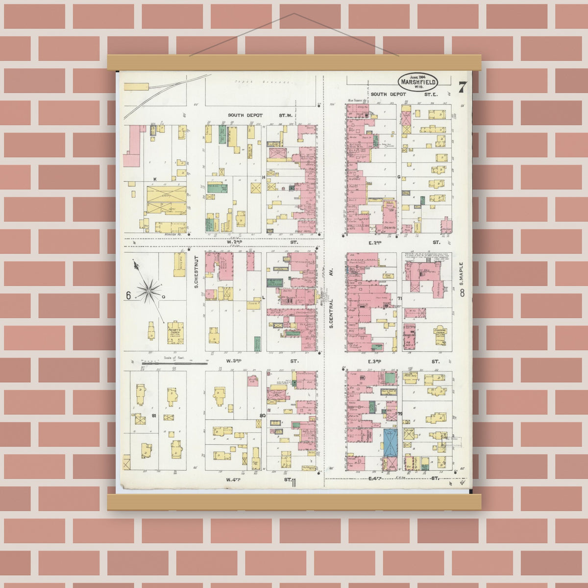 Old map wall art mockup — magnetic wood frame on brick wall — Sanborn Fire Insurance Map from Marshfield, Wood County, Wisconsin (1904), Sheet #0007