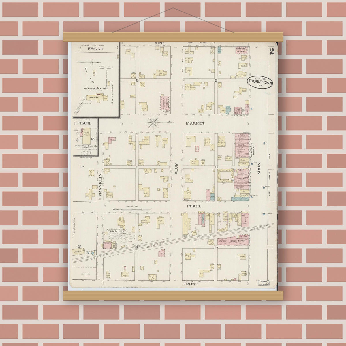 Old map wall art mockup — magnetic wood frame on brick wall — Sanborn Fire Insurance Map from Thorntown, Boone County, Indiana (1886), Sheet #0002