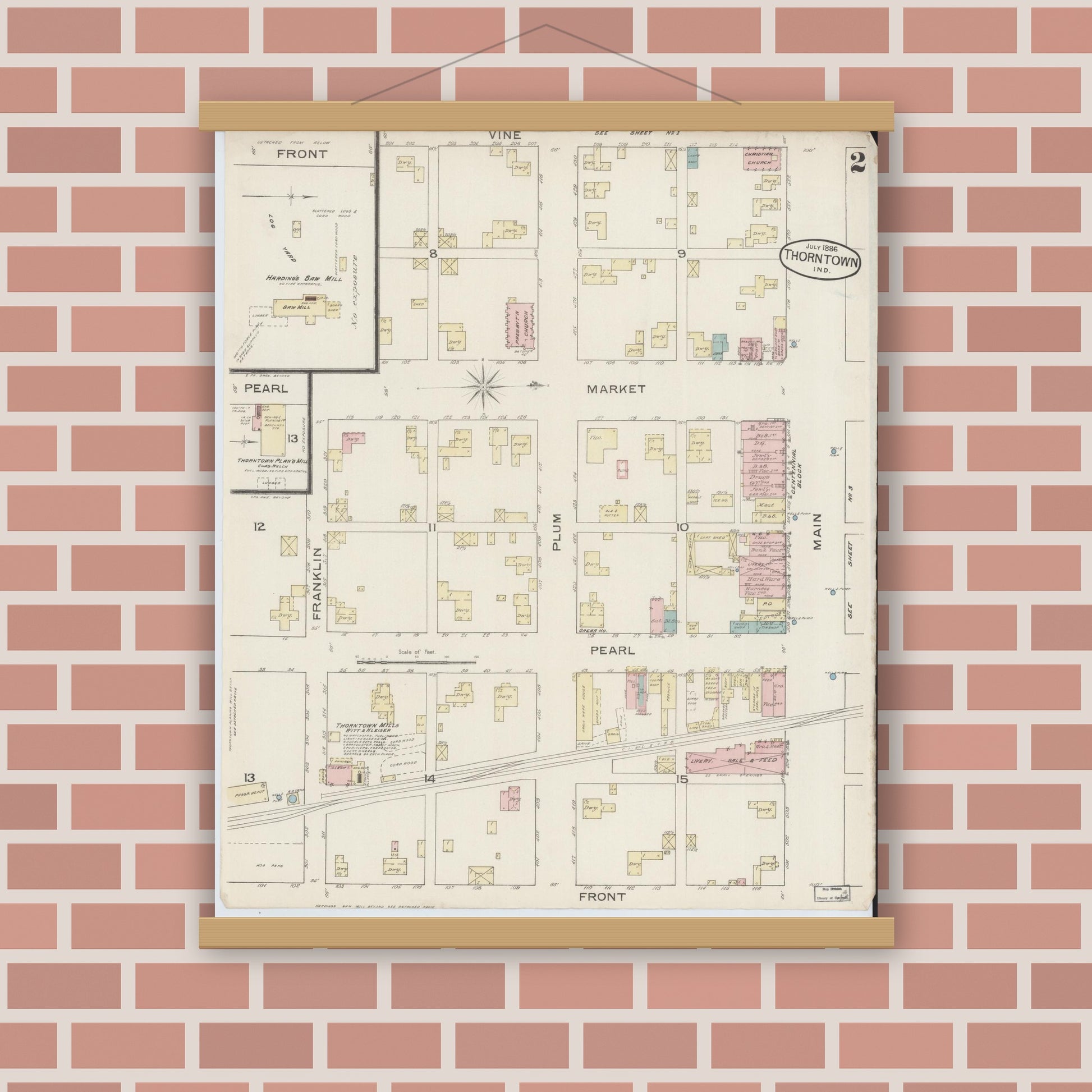 Old map wall art mockup — magnetic wood frame on brick wall — Sanborn Fire Insurance Map from Thorntown, Boone County, Indiana (1886), Sheet #0002