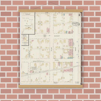 Old map wall art mockup — magnetic wood frame on brick wall — Sanborn Fire Insurance Map from Thorntown, Boone County, Indiana (1886), Sheet #0002