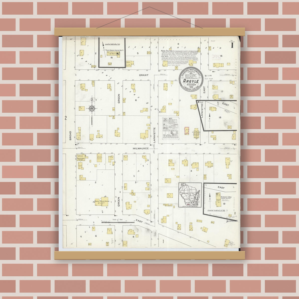 Old map wall art mockup — magnetic wood frame on brick wall — Sanborn Fire Insurance Map from Argyle, Lafayette County, Wisconsin (1915), Sheet #0001