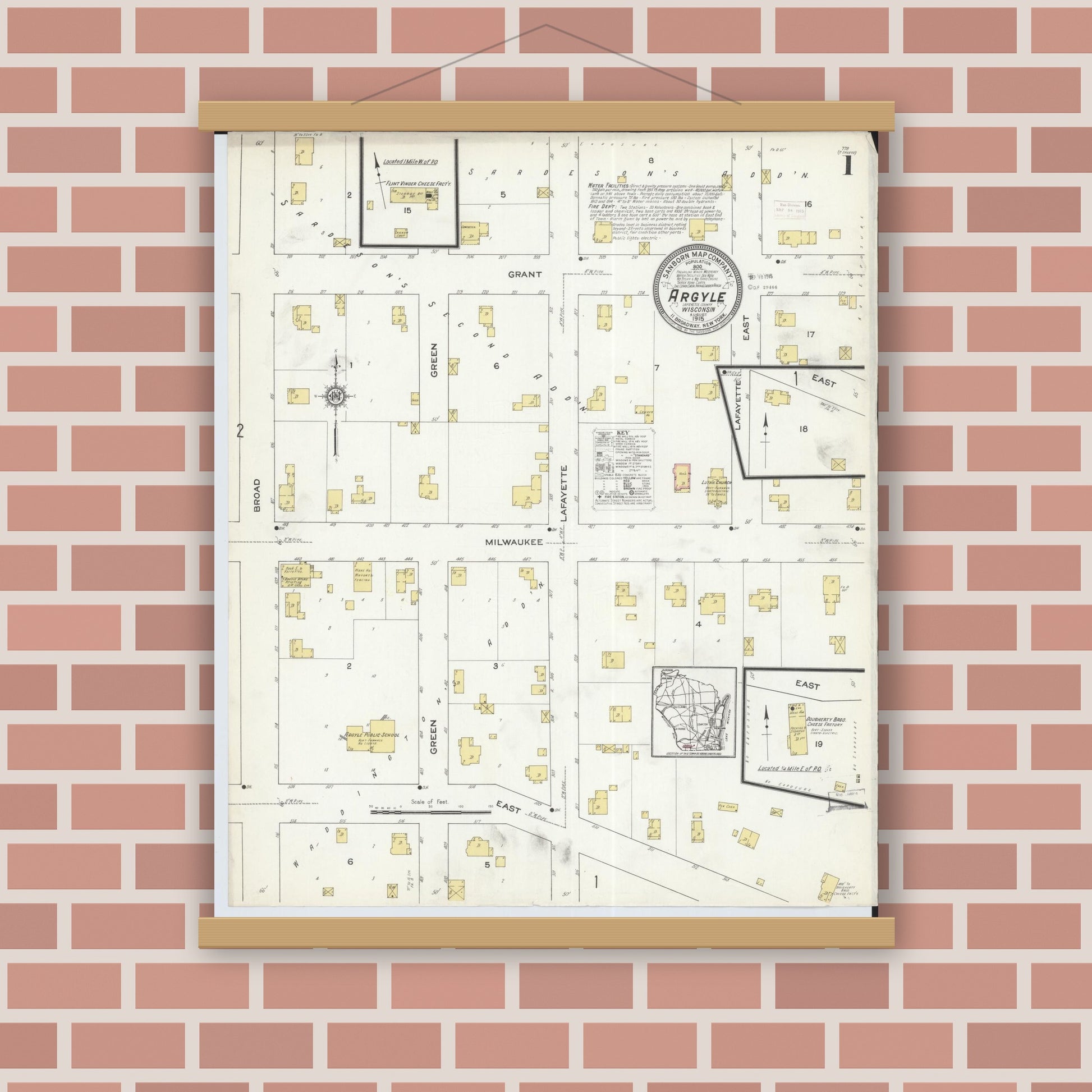 Old map wall art mockup — magnetic wood frame on brick wall — Sanborn Fire Insurance Map from Argyle, Lafayette County, Wisconsin (1915), Sheet #0001