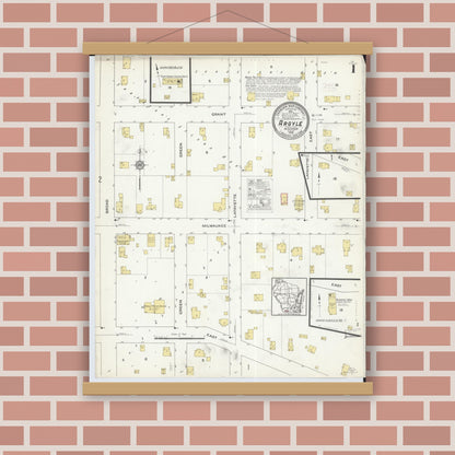 Old map wall art mockup — magnetic wood frame on brick wall — Sanborn Fire Insurance Map from Argyle, Lafayette County, Wisconsin (1915), Sheet #0001