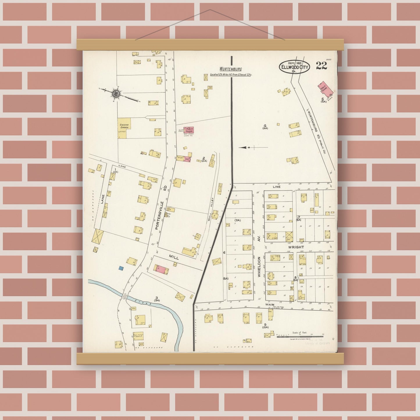 Old map wall art mockup — magnetic wood frame on brick wall — Sanborn Fire Insurance Map from Ellwood City, Lawrence County, Pennsylvania (1921), Sheet #0022