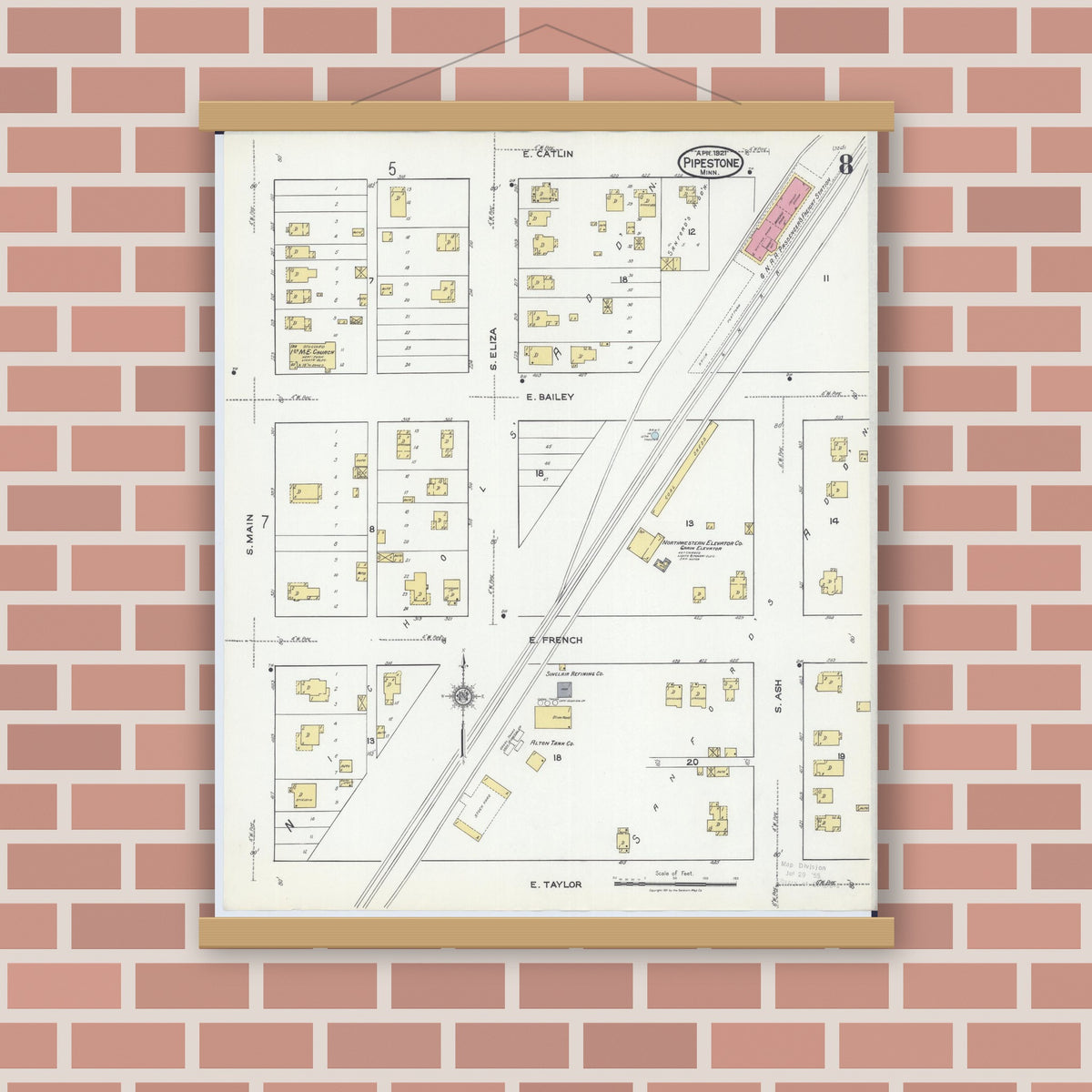 Old map wall art mockup — magnetic wood frame on brick wall — Sanborn Fire Insurance Map from Pipestone, Pipestone County, Minnesota (1921), Sheet #0008