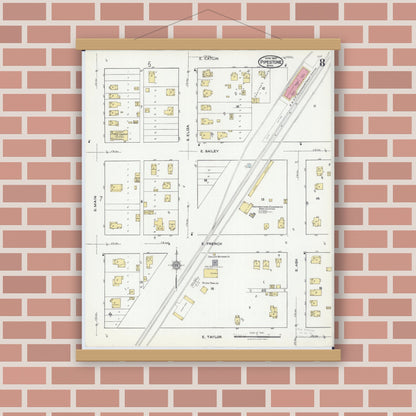 Old map wall art mockup — magnetic wood frame on brick wall — Sanborn Fire Insurance Map from Pipestone, Pipestone County, Minnesota (1921), Sheet #0008