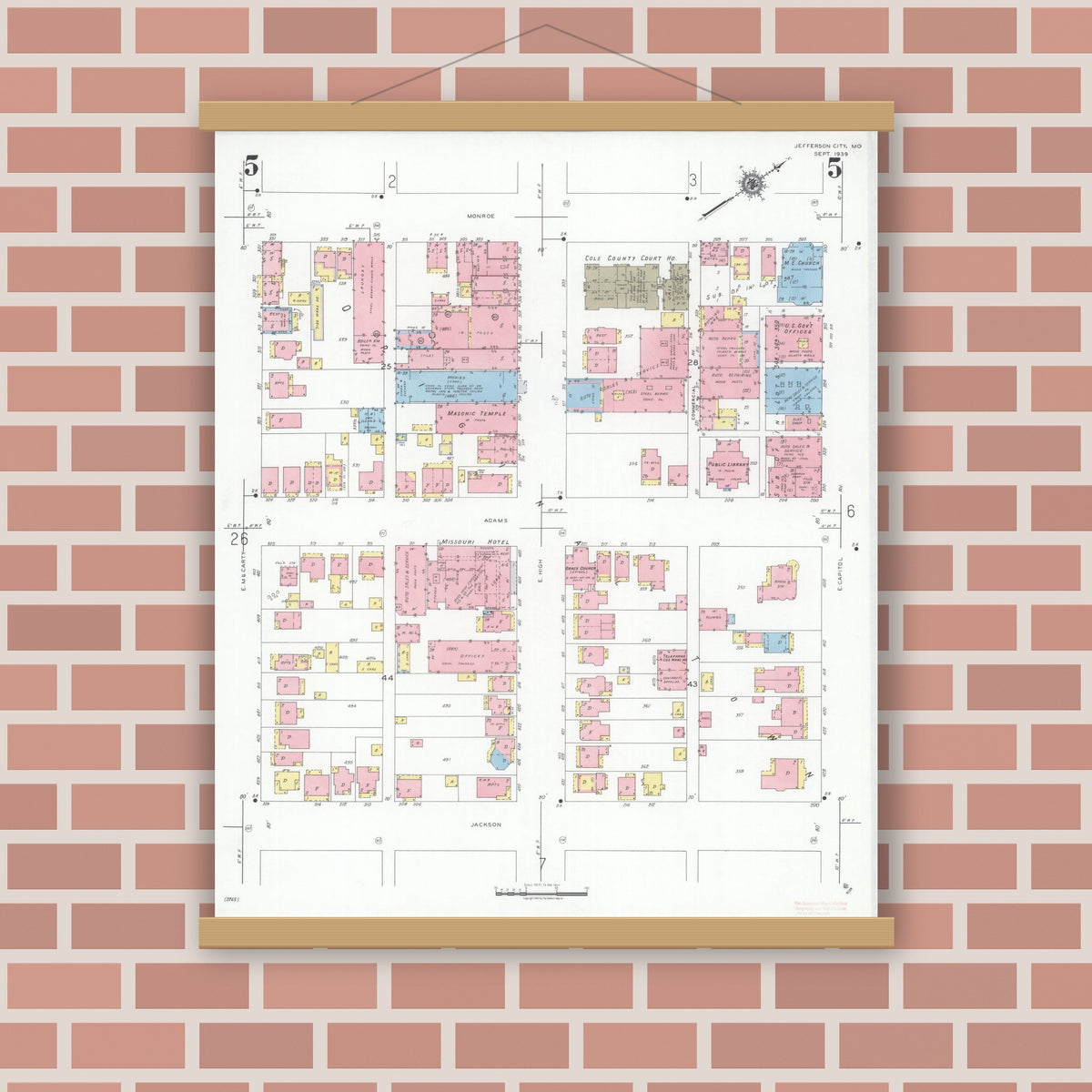 Old map wall art mockup — magnetic wood frame on brick wall — Sanborn Fire Insurance Map from Jefferson City, Cole County, Missouri (1939), Sheet #0005