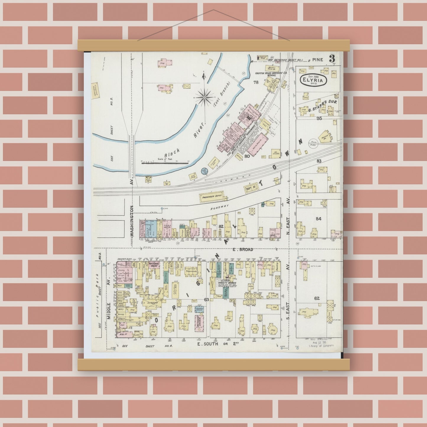 Old map wall art mockup — magnetic wood frame on brick wall — Sanborn Fire Insurance Map from Elyria, Lorain County, Ohio (1888), Sheet #0003
