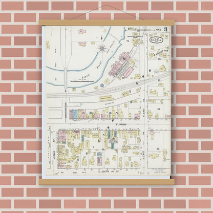 Old map wall art mockup — magnetic wood frame on brick wall — Sanborn Fire Insurance Map from Elyria, Lorain County, Ohio (1888), Sheet #0003