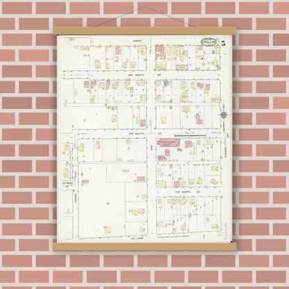 Old map wall art mockup — magnetic wood frame on brick wall — Sanborn Fire Insurance Map from O'Fallon, Saint Clair County, Illinois (1914), Sheet #0005