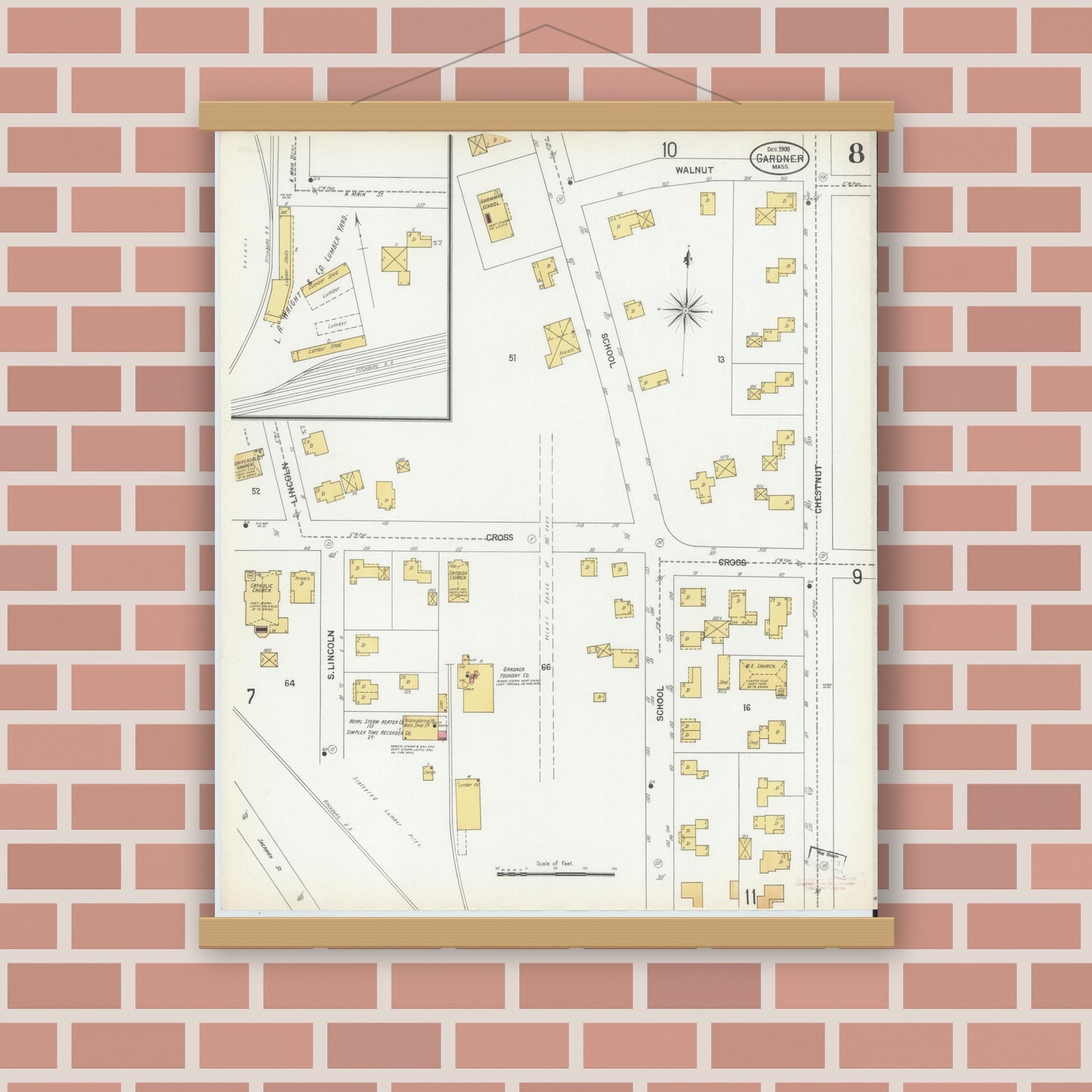 Old map wall art mockup — magnetic wood frame on brick wall — Sanborn Fire Insurance Map from Gardner, Worcester County, Massachusetts (1900), Sheet #0008
