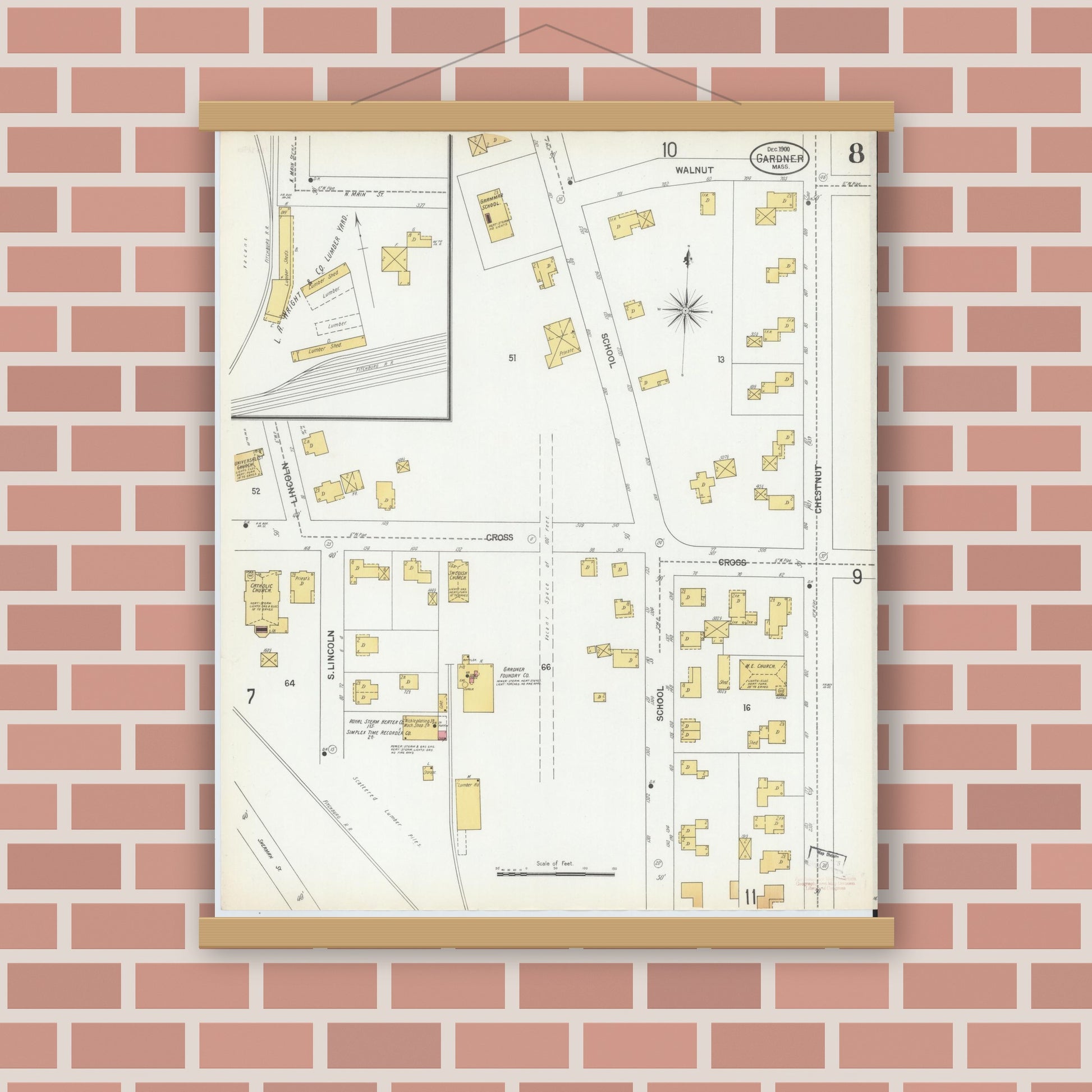 Old map wall art mockup — magnetic wood frame on brick wall — Sanborn Fire Insurance Map from Gardner, Worcester County, Massachusetts (1900), Sheet #0008