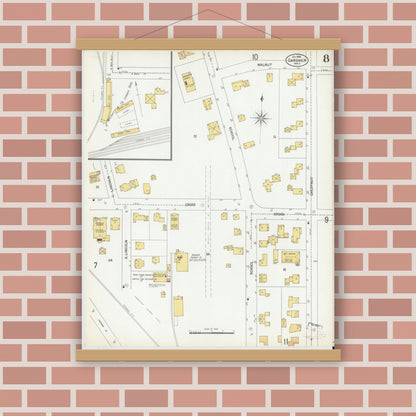 Old map wall art mockup — magnetic wood frame on brick wall — Sanborn Fire Insurance Map from Gardner, Worcester County, Massachusetts (1900), Sheet #0008