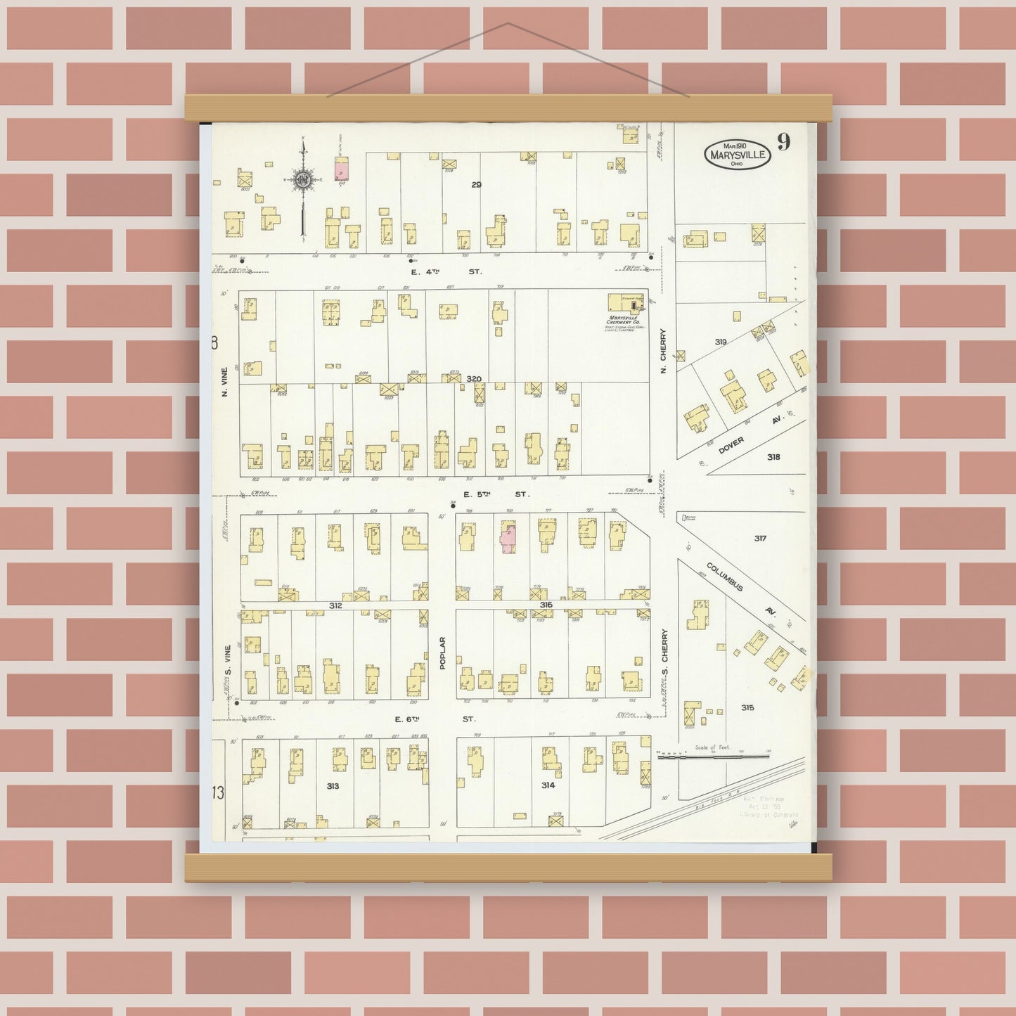 Old map wall art mockup — magnetic wood frame on brick wall — Sanborn Fire Insurance Map from Marysville, Union County, Ohio (1910), Sheet #0009