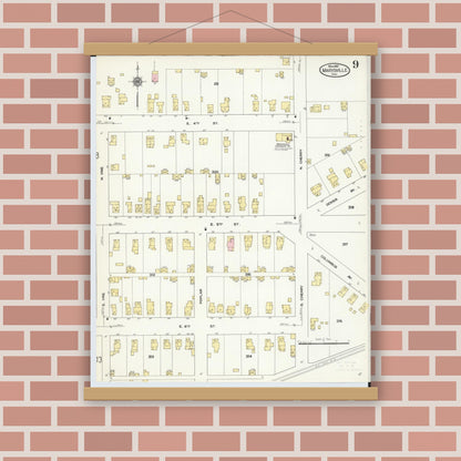 Old map wall art mockup — magnetic wood frame on brick wall — Sanborn Fire Insurance Map from Marysville, Union County, Ohio (1910), Sheet #0009