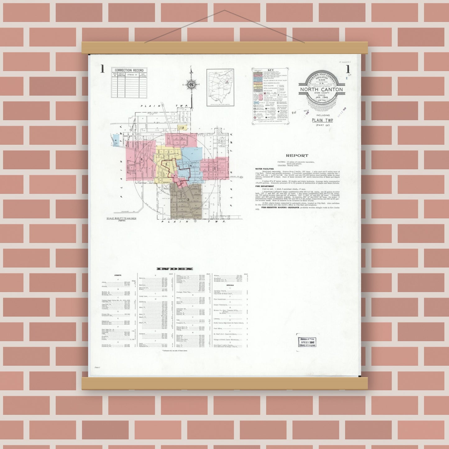 Old map wall art mockup — magnetic wood frame on brick wall — Sanborn Fire Insurance Map from North Canton, Stark County, Ohio (1948) - Complete Map Set