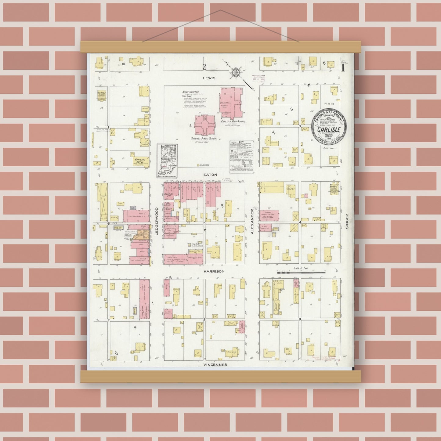 Old map wall art mockup — magnetic wood frame on brick wall — Sanborn Fire Insurance Map from Carlisle, Sullivan County, Indiana (1915) - Complete Map Set