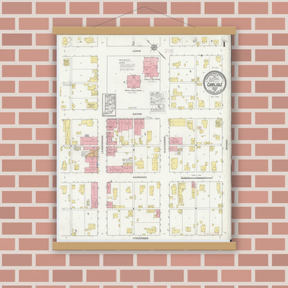 Old map wall art mockup — magnetic wood frame on brick wall — Sanborn Fire Insurance Map from Carlisle, Sullivan County, Indiana (1915) - Complete Map Set