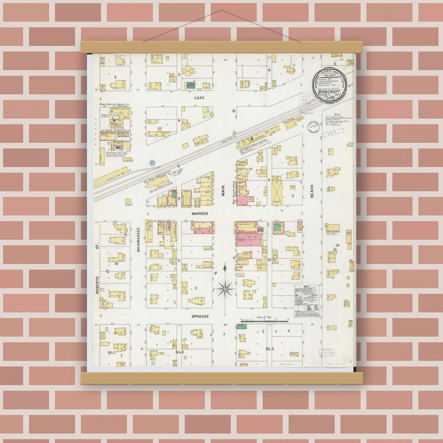 Old map wall art mockup — magnetic wood frame on brick wall — Sanborn Fire Insurance Map from Bancroft, Shiawassee County, Michigan (1899), Sheet #0001