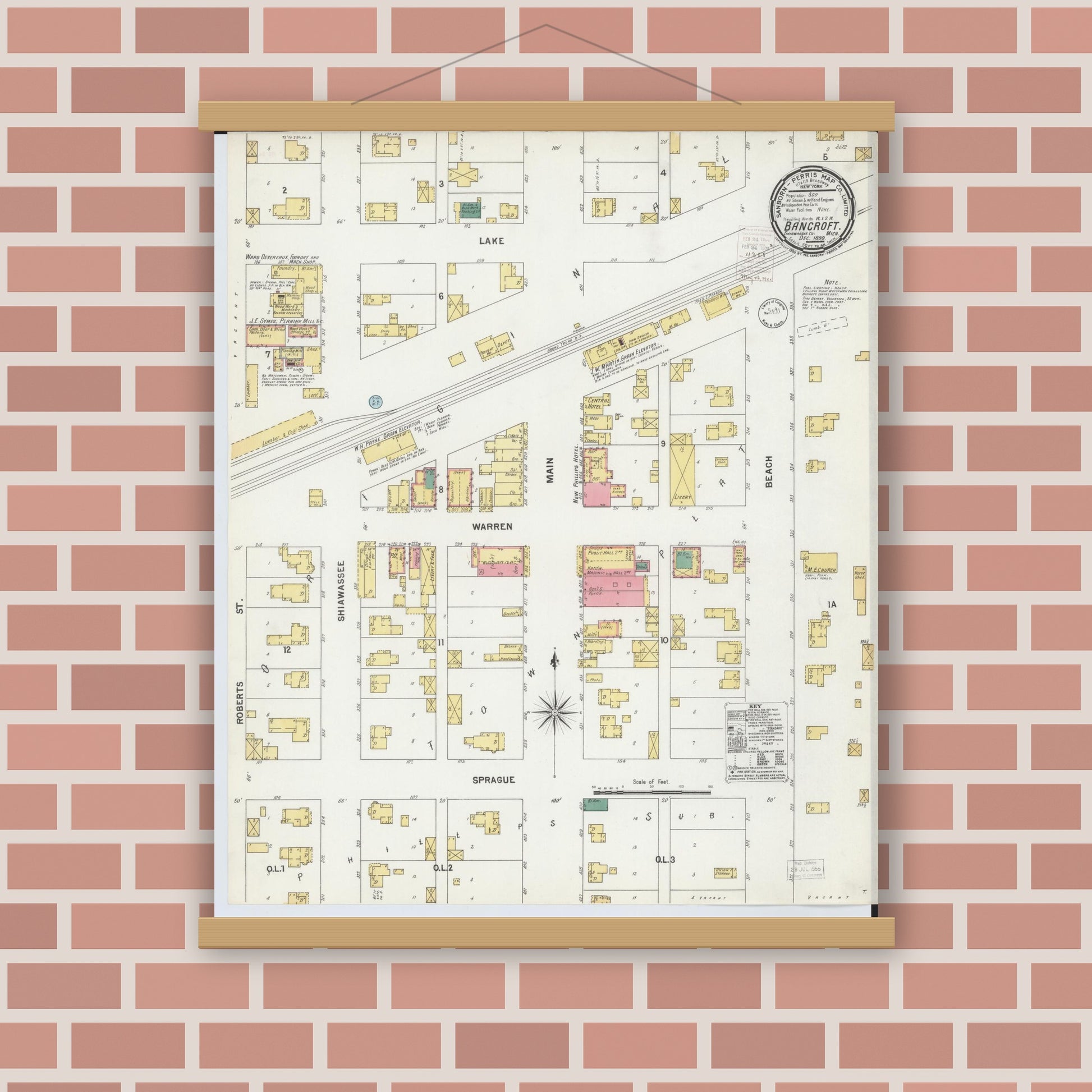 Old map wall art mockup — magnetic wood frame on brick wall — Sanborn Fire Insurance Map from Bancroft, Shiawassee County, Michigan (1899), Sheet #0001