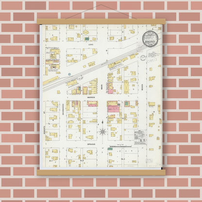 Old map wall art mockup — magnetic wood frame on brick wall — Sanborn Fire Insurance Map from Bancroft, Shiawassee County, Michigan (1899), Sheet #0001