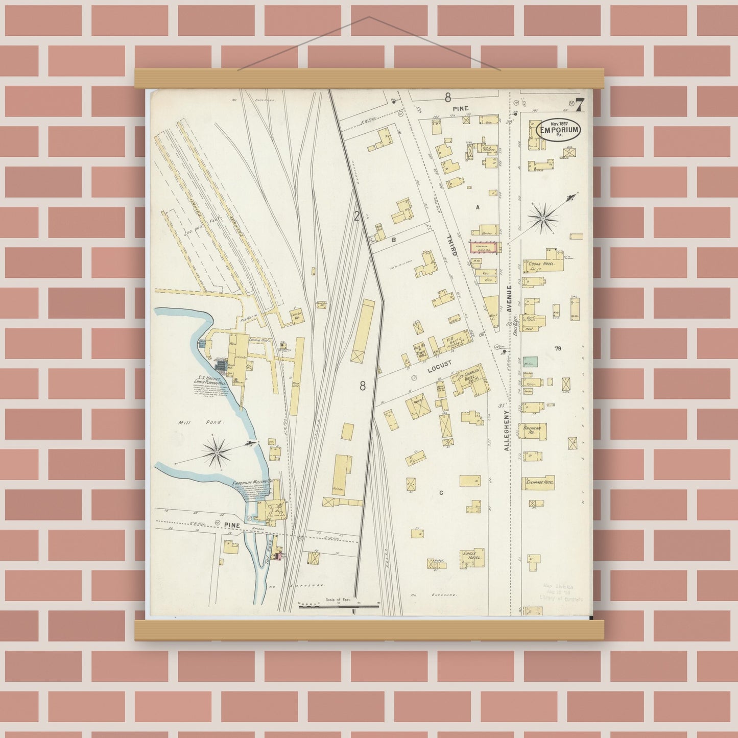 Old map wall art mockup — magnetic wood frame on brick wall — Sanborn Fire Insurance Map from Emporium, Cameron County, Pennsylvania (1897), Sheet #0007