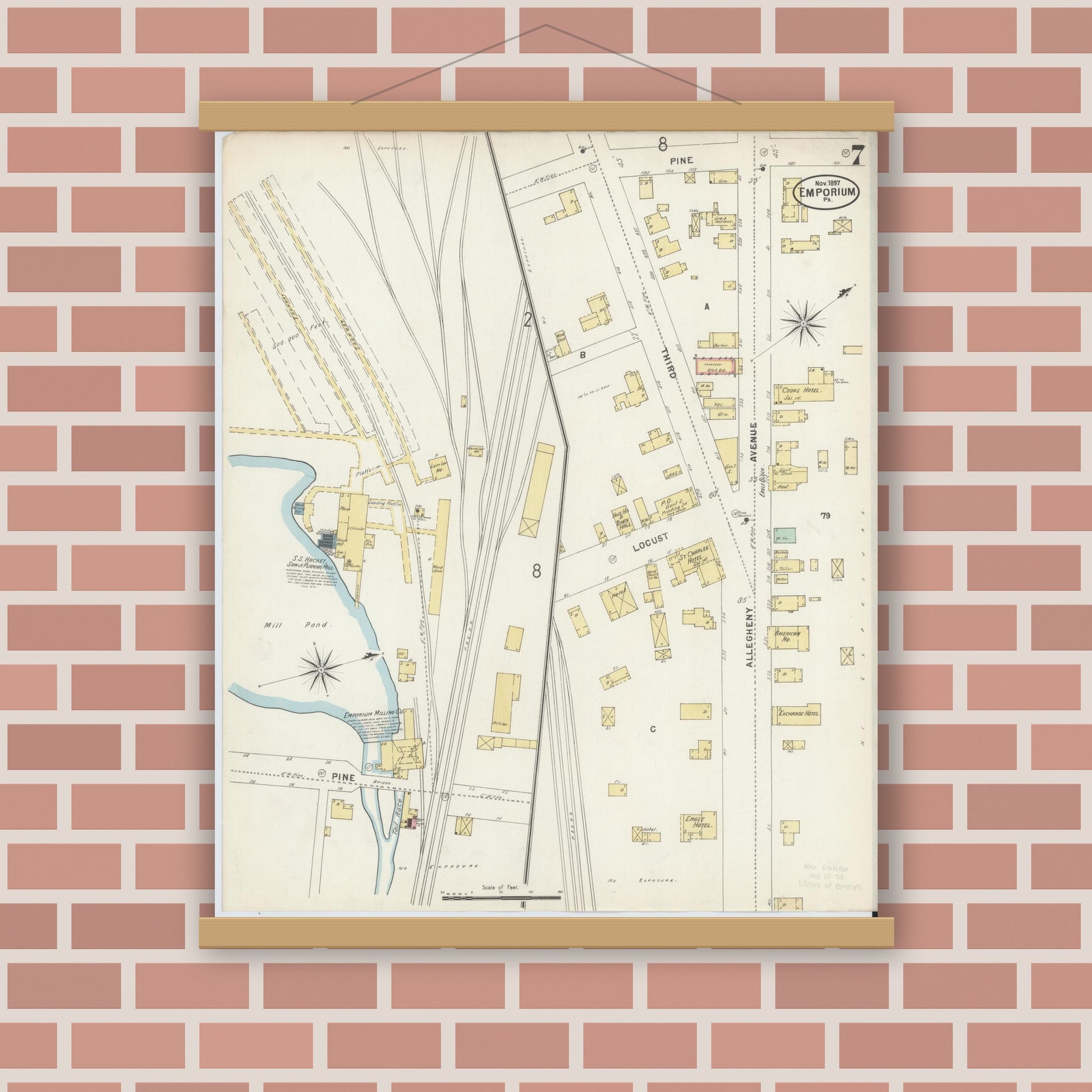 Old map wall art mockup — magnetic wood frame on brick wall — Sanborn Fire Insurance Map from Emporium, Cameron County, Pennsylvania (1897), Sheet #0007